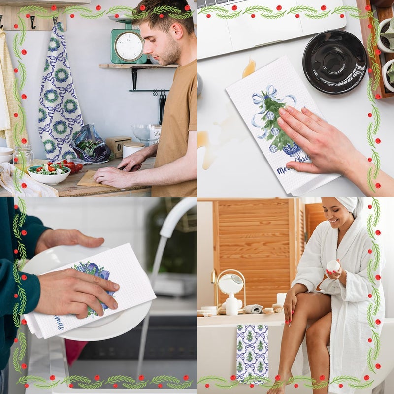 SPBL&L Chinoiserie Christmas Kitchen Towels,Set of 4 Blue Bow Coquette Christmas Tree Dish Towels for Kitchen Bathroom, Blue Christmas Hand Towels for Bathroom Kitchen, Grandmillennial Decor,16x24 Inches - Image 5